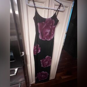 White Fox Maxi Black Dress with Purple Floral Design size Small